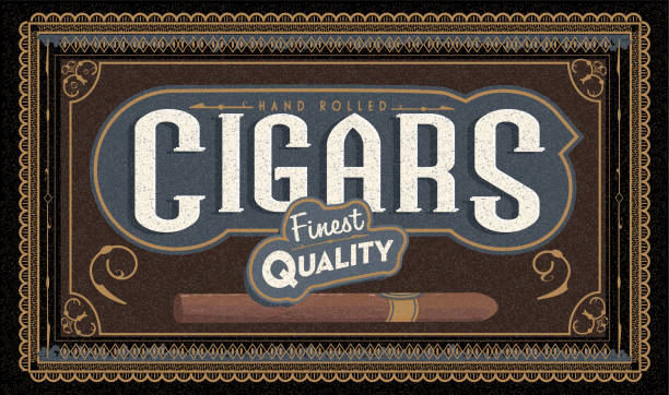 illustrations, cliparts, dessins animés et icônes de conception d’étiquette de boîte à cigares à l’ancienne avec cadre orné et conception de typographie - cigare