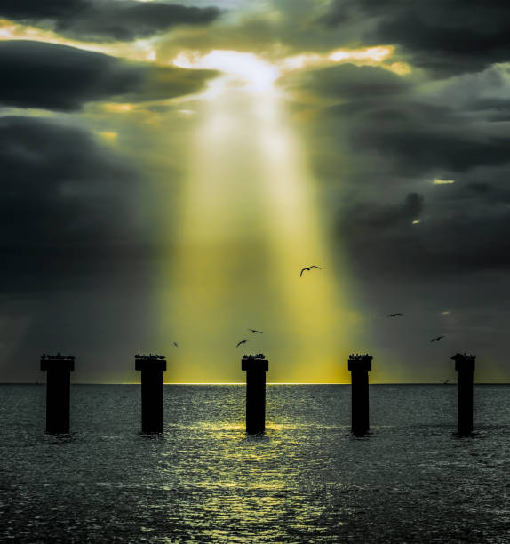 Sunbeams through clouds creating a dramatic effect over the Gulf of Mexico with the remains of the old Boca Grande (Florida) pier in the foreground.  Sea birds flying around and perched on the remains.