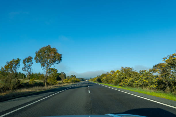 The view from inside a car cruising down a motorway on a clear day, with a bright blue sky stretching across the horizon. The road ahead is clearly visible, with well-defined lane markers and road signs guiding the way. Vehicles in the distance move smoothly along the asphalt, and the surrounding landscape is vibrant under the sunlight.