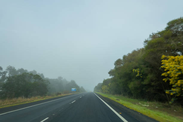 The scene captures the view from inside a car driving down a motorway blanketed by mist and fog, significantly reducing visibility. The headlights of vehicles ahead are faintly visible through the thick fog, while lane markers and road signs appear blurred and distant.