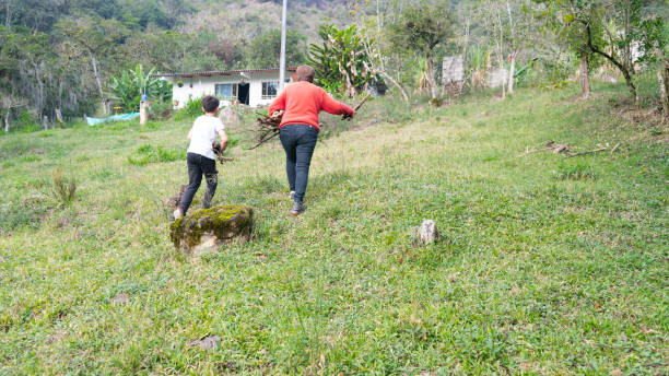 grandmother and grandson collecting wood.