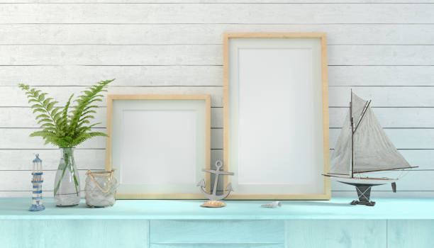 istock 3d rendering of a sideboard with two blank mock-up posters 2169165484