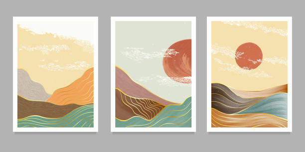 istock set of creative minimalist hand painted illustrations of Mid century modern. Natural abstract landscape background. mountain, forest, sea, sky, sun and river 2169170504