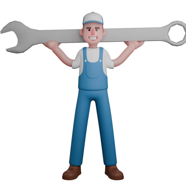 3D Mechanic Male in Professional Setting. A mechanic is standing with both hands carrying a large crank. Cartoon
