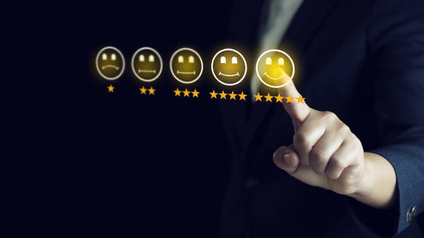 istock Customer service evaluation concept.Businessman pressing smiley face emoticon on virtual touch screen. 2169179641