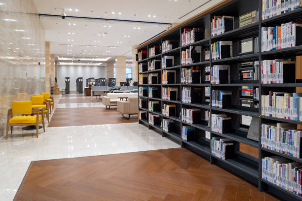 Modern library with rows of bookcases