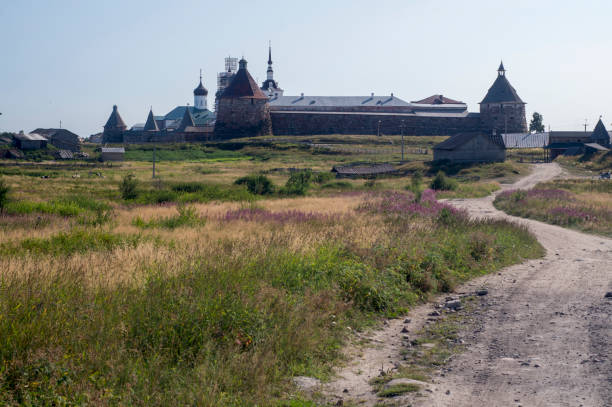 Overview of the Solovetsky Monastery from the field. There is a road leading to the monastery and a grass field in front of it