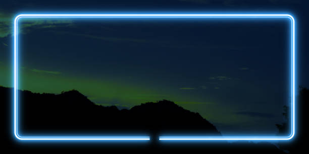 istock Dark sky and mountain concept. blue neon light and rectangle frame with horizontal banner. 2169188294