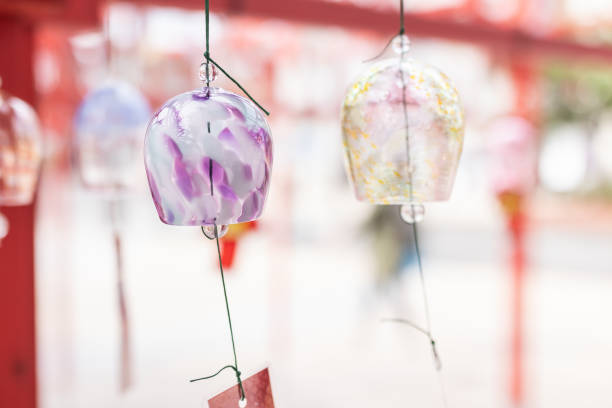Colorful Japanese wind chimes in summer, close up view with copy space.