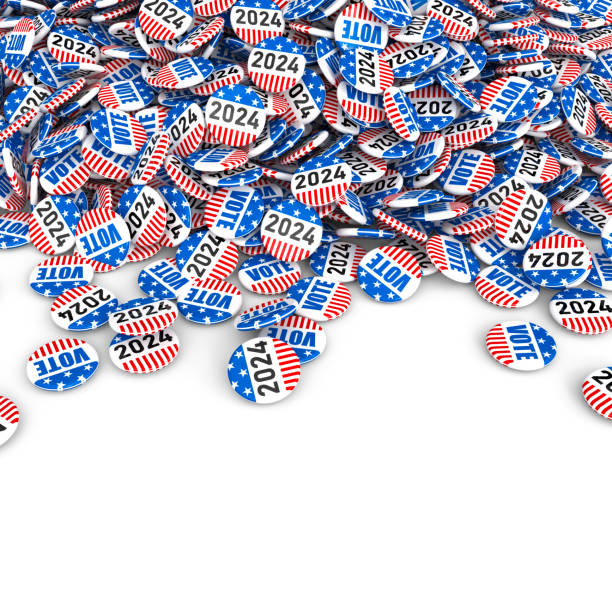 Pile vote badges american flag white surface,  2024 election 3d
