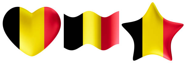 Set of Belgium flags in various shapes, isolated on white background. Cut out design elements. Perfect for patriotic themes or national event promotions. Group of symbols. Heart, star. 3D render