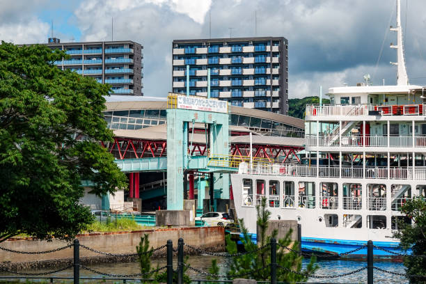 Sakurajima Ferry Terminal at Kagoshima Port along Kinko Bay in Kagoshima City, Kagoshima Prefecture, on a sunny day in July 2024