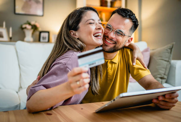 Happy couple shopping online