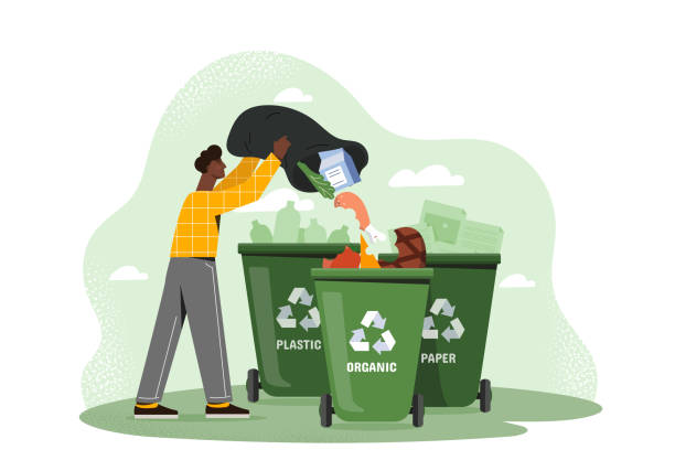 istock Man with garbage sorting. Young guy throws food into organic waste bin. Care about ecology and environment. Utilization of biodegradable waste. Flat vector illustration 2169204566