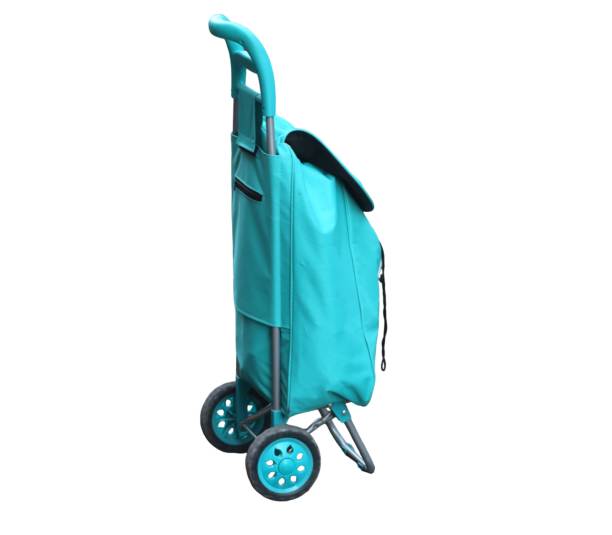 istock Empty turquoise shopping cart standing upright on white background 2169205885
