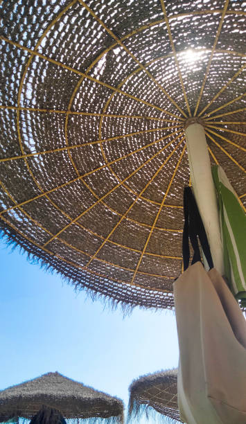 istock A large umbrella at the beach on a sunny day with a bag hanging from it 2169206703