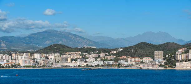 Ajaccio, Corsica - October 11, 2019: Panoramic view of coastal city with mountain backdrop under clear blue skies.
