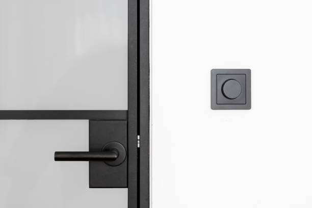istock Black door handle and wall-mounted light switch in modern interior 2169210998