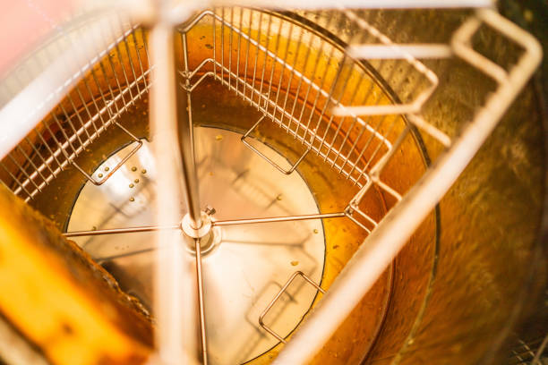 Inside of a Centrifugal Honey Extractor Filled with Extracted Honey on the Bottom