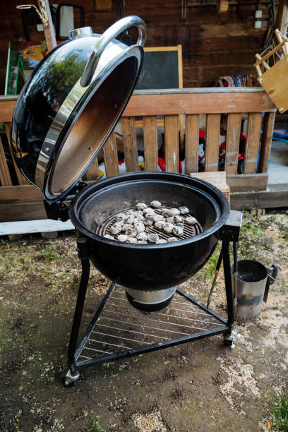 An open charcoal grill with hot coals ready for grilling, set in a rustic outdoor setting. The smoky aroma and sizzling sounds enhance the summer barbecue experience