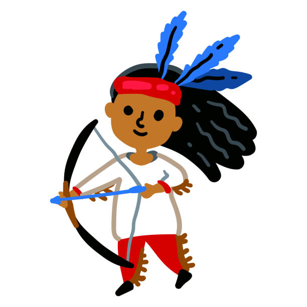 American Indian with a bow and arrow. isolated on a white American Indian with a bow and arrow. National costume - headdress made of feathers. Bright color vector illustration isolated on a white background. Native Americans cherokee clip art stock illustrations