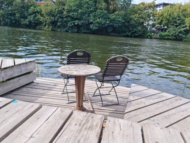 Wooden table with chairs with lake