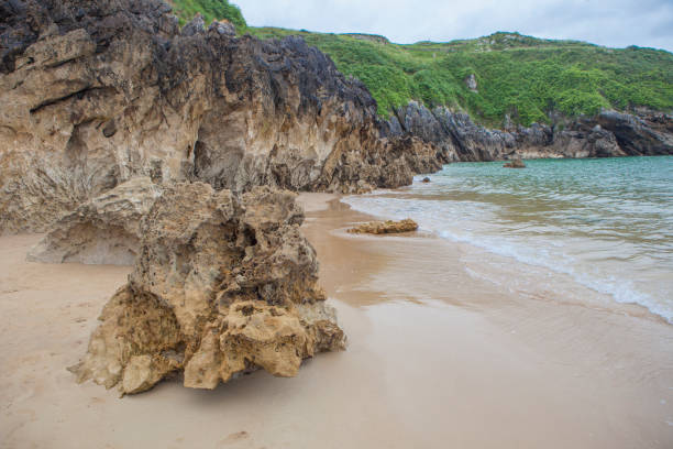 Guadamia Beach, Bufones de Pria, Llames, Asturias, Spain. Eroded shore rocks