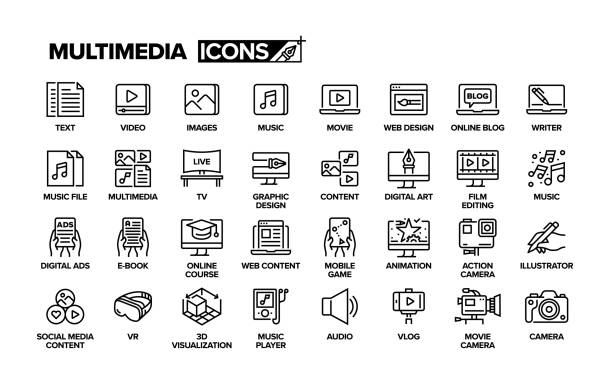 ilustrações de stock, clip art, desenhos animados e ícones de multimedia line icon set. group of object, video, music, audio, movie, text, content. - contente