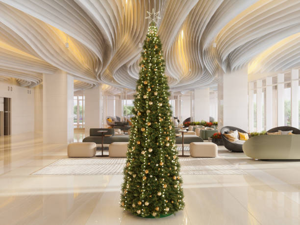 istock Luxury Hotel Waiting Area With Christmas Tree, Ornaments, Armchairs And Elevators 2169234788