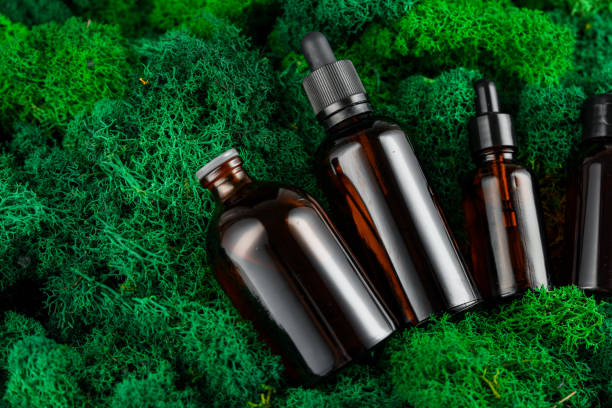 istock Brown glass dropper bottles arranged on green moss in a natural setting 2169244731
