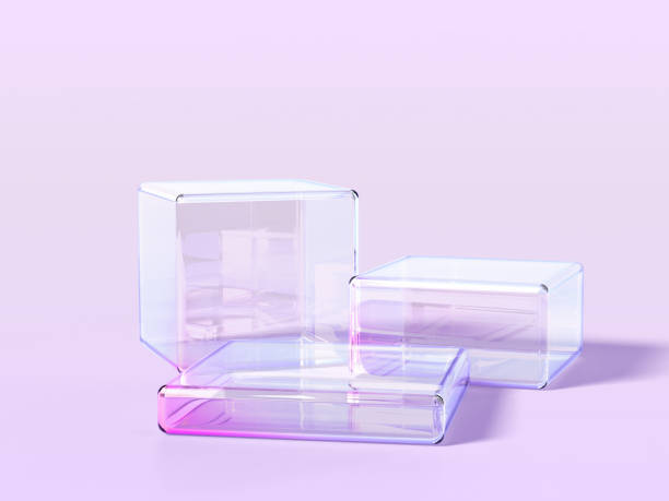 3d glass cube transparent clear stand podium display for product presentation render. Crystal square box pedestal, block platform with dispersion light, holographic gradient texture