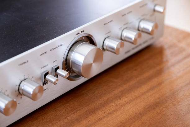 istock Vintage Audio Stereo Gear - Amplifier Metal Front Panel with Large Volume Control Knob and other Controls 2169281950
