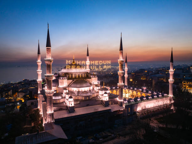 istock Blue Mosque (Sultanahmet Camii) Illuminated Letters Between Ramadan Month Minarets (Mahya) Drone Photo,  Sultanahmet Square Fatih, Istanbul Turkiye (Turkey) 2169293582
