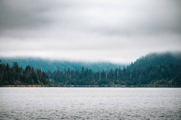 A foggy morning on the lake in Autumn. Couer d'Alene Lake Idaho.