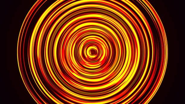 Colorful radial motion color effect. Bright LED tunnel. Abstract rounded background. Colored curves and spheres. Multicolor gradient rings and circles. Lens. 3d rendering.