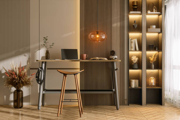 Modern Home Office Interior With Study Table, Bookshelf And Pendant Light