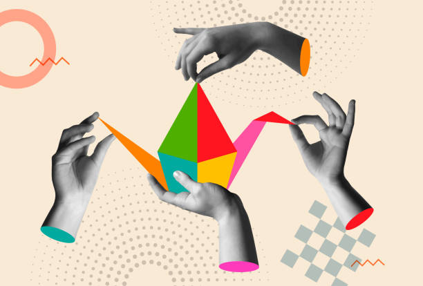 Human hands Human hands creating origami bird in retro halftone collage mixed media vector illustration. Concept for teamwork, collaborative work, hobby, homework, creativity, solution, art and craft origami hand stock illustrations