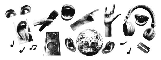 trendy halftone stipple effect elements set vector illustration - kontras tinggi ilustrasi stok