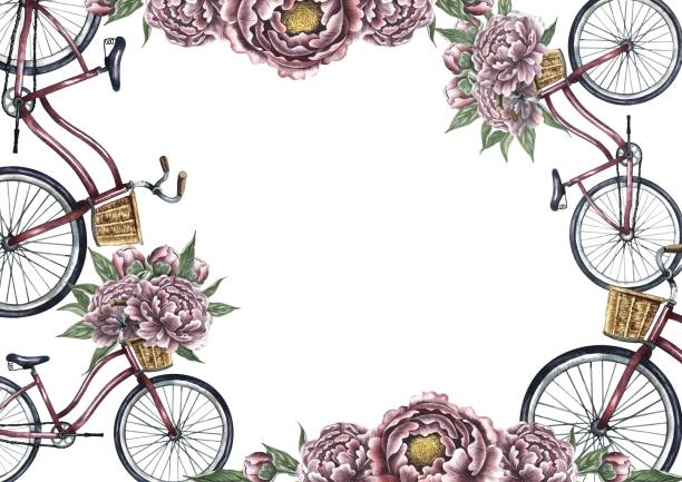 istock Vintage frame with retro bicycles and peony flowers. Hand-made watercolor illustration. A beautiful romantic postcard. Designed for flyers, banners and postcards. For posters, stickers, printing. 2169343527