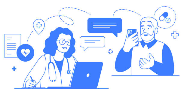 Online doctor appointment with mobile and laptop. Online doctor appointment. Telehealth isolated line illustration. Elderly man and female physician with mobile and laptop. Medical consultation. One color healthcare infographic with editable stroke. caring-doctor-with-patient stock illustrations