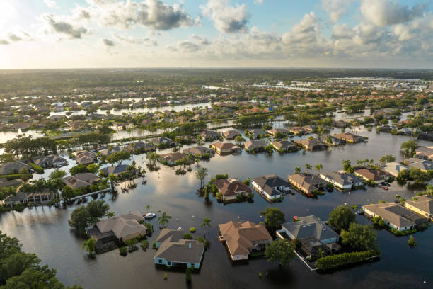 flooding in florida caused by tropical storm from hurricane debby. suburb houses in laurel meadows residential community surrounded by flood waters in sarasota. aftermath of natural disaster - acidente natural imagens e fotografias de stock