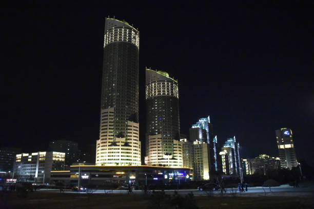 Illuminated tower blocks taken in Pyongyang at night