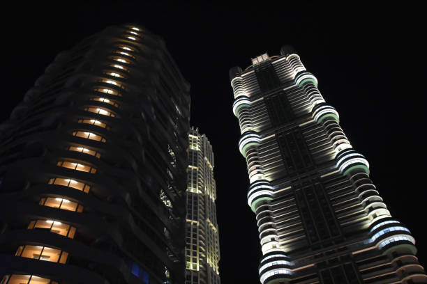 Illuminated apartment buildings in Pyongyang at night