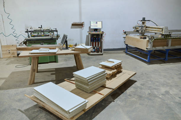 istock Interior of Wood Processing Industry Featuring CNC Cutting Machines and Wood Processing Equipment 2169358486