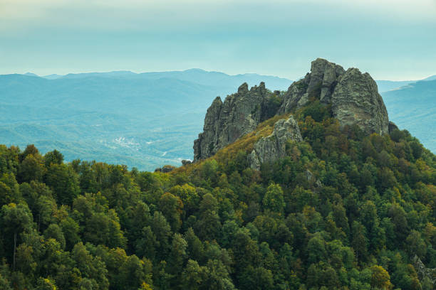 istock High cliffs stick out of the green deciduous forest. In the background blue sky 2169359946