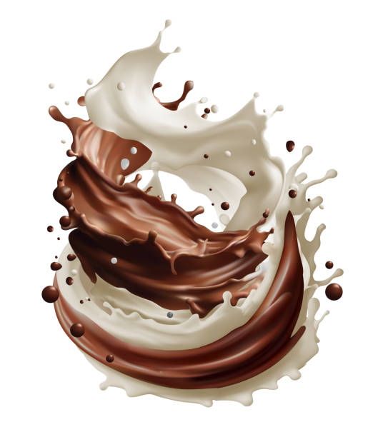 istock Milk splash swirls and flow. Realistic vector background with cocoa and milky waves with drops. Vector illustration isolated on white background. 2169369068