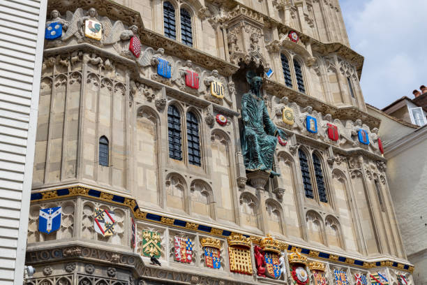 Canterbury, Kent, England, UK - July 26, 2024: This image shows a view of ornate Christ Church Gate entrance to the Canterbury Cathedral.