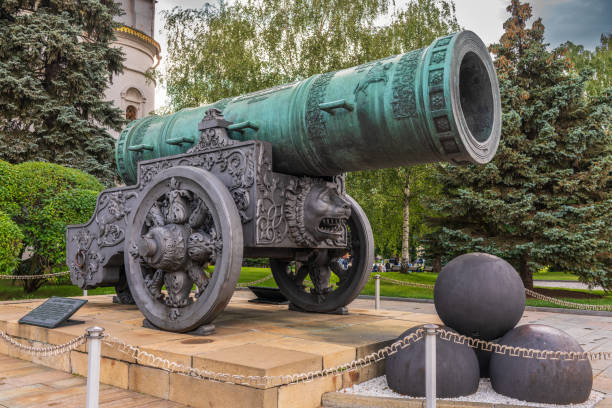 Moscow, Russia - July 23, 2023: King Cannon, Tsar Cannon, in Moscow Kremlin. Famous monument Tsar-pushka or Tsar-cannon in Kremlin park, Moscow, Russia