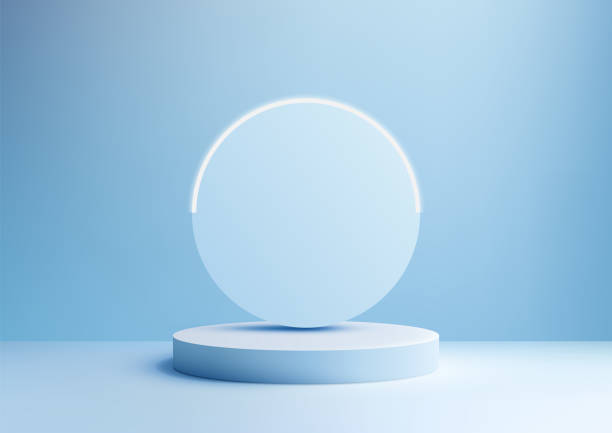 istock 3D Blue Podium with Glowing Circle Backdrop on Soft Blue Background for Minimalist Product Display and Modern Mockup 2169375377