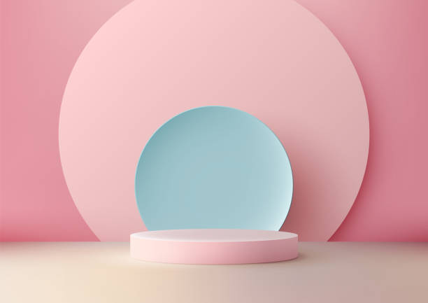 istock Modern 3D Pastel Pink Podium with Elegant Circle Backdrop in Blue and Pink, Ideal for Product Display, Mockup, and Showcase 2169375378
